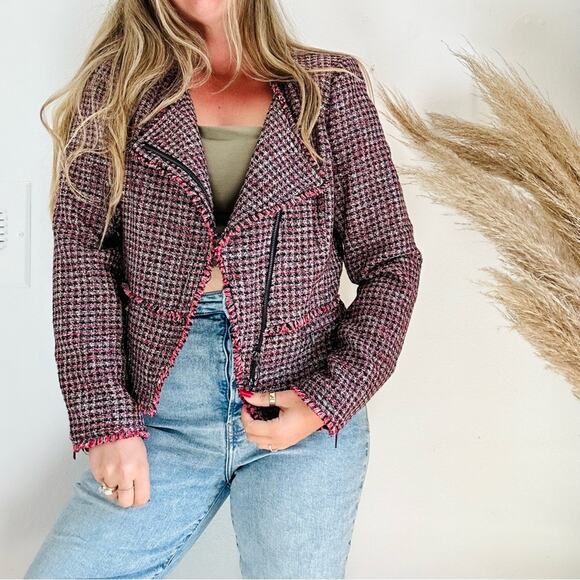 White House Black Market Jackets & Blazers - WHBM Pink Black Red Tweed Woven Peplum Ruffle Fringe Moto Zip Blazer Jacket 4